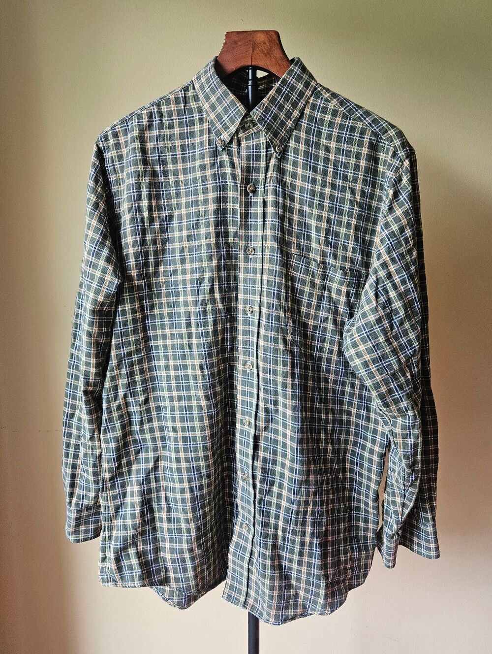 Jacob Miller Men's Green Plaid Cotton And Wool Blend Button-Down Shirt Size M